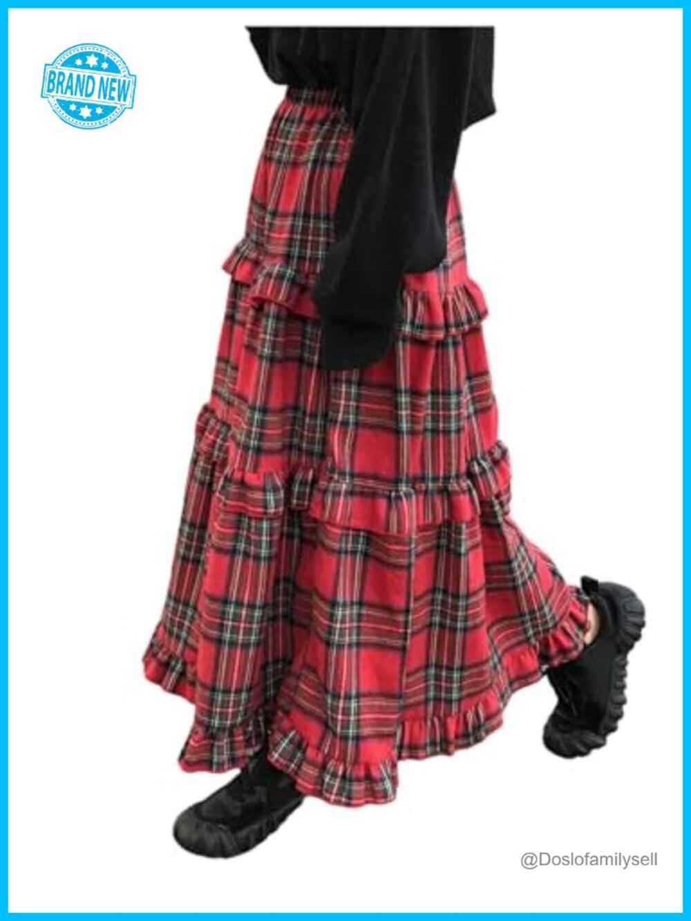 Women's Plaid Maxi Skirt Elastic High Waist Tiered Ruffle A Line Flowy Long
